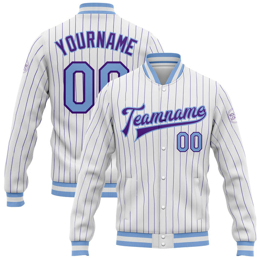 Custom White Purple Pinstripe Light Blue Bomber Full-Snap Varsity Letterman Jacket - Main View