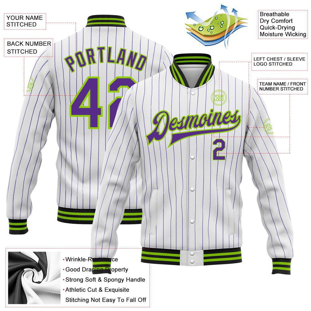 Custom White Purple Pinstripe Neon Green-Black Bomber Full-Snap Varsity Letterman Jacket view 5