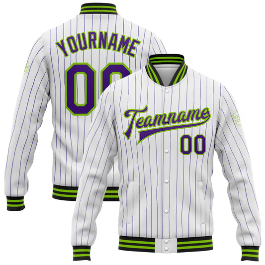 Custom White Purple Pinstripe Neon Green-Black Bomber Full-Snap Varsity Letterman Jacket - Main View