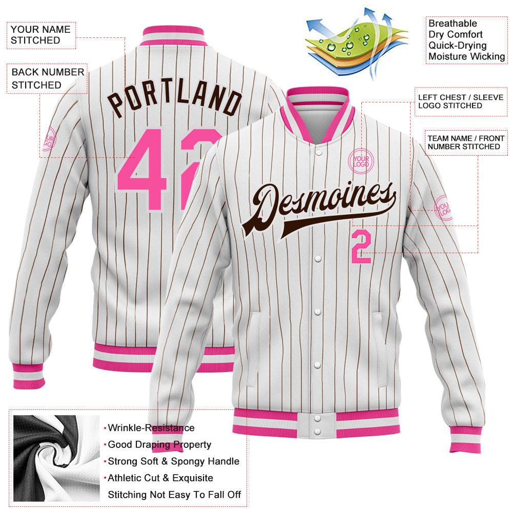 Custom White Brown Pinstripe Pink Bomber Full-Snap Varsity Letterman Jacket view 5