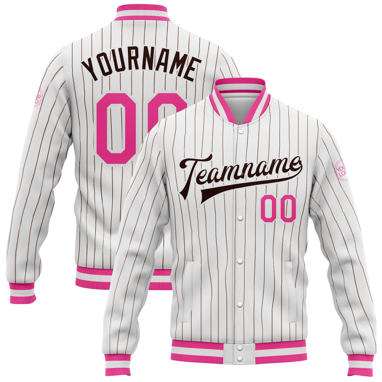 Custom White Brown Pinstripe Pink Bomber Full-Snap Varsity Letterman Jacket - Main View