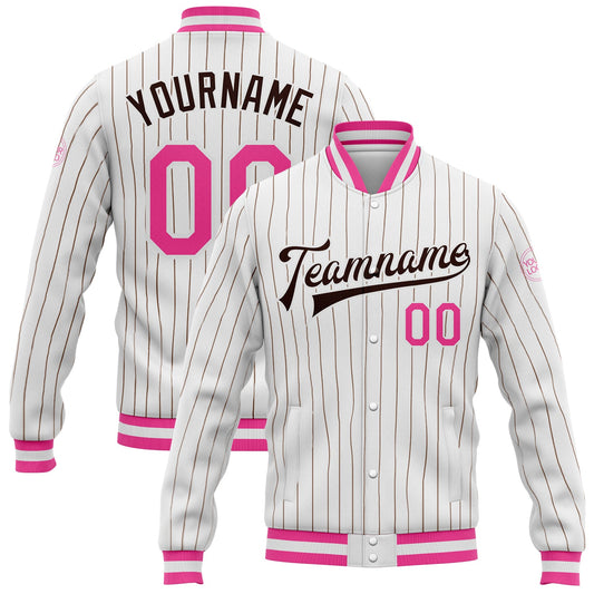Custom White Brown Pinstripe Pink Bomber Full-Snap Varsity Letterman Jacket - Main View