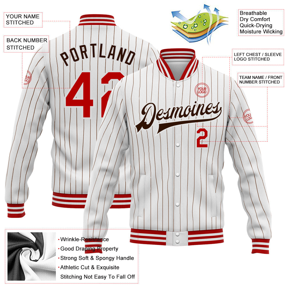 Custom White Brown Pinstripe Red Bomber Full-Snap Varsity Letterman Jacket view 5