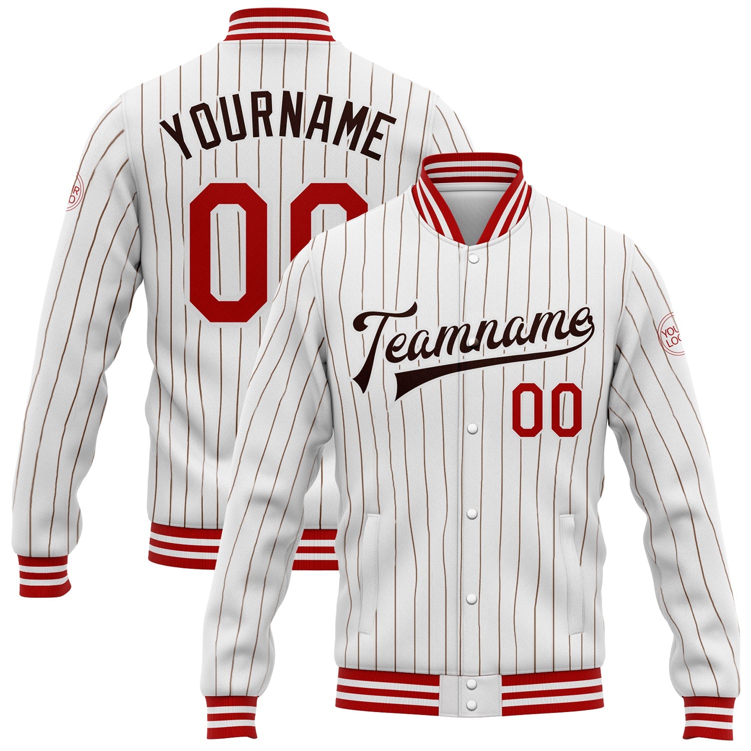 Custom White Brown Pinstripe Red Bomber Full-Snap Varsity Letterman Jacket - Main View