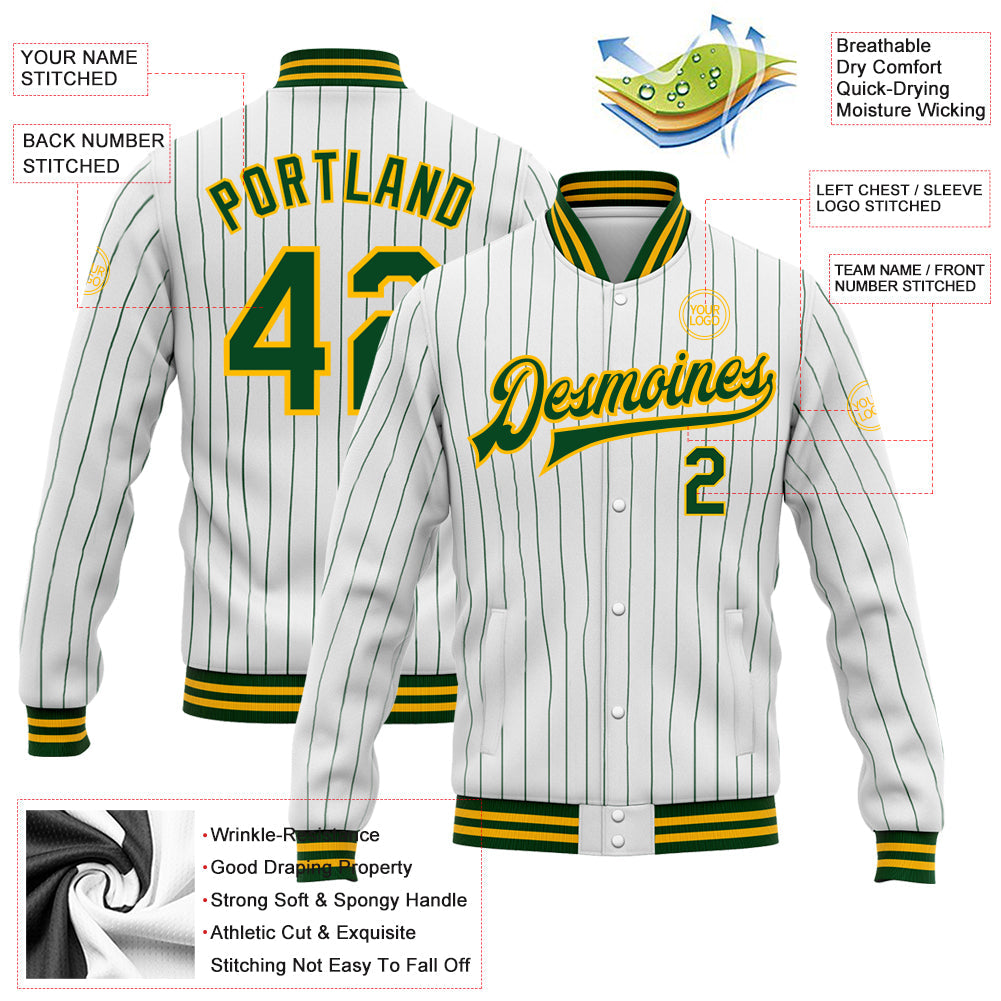 Custom White Green Pinstripe Gold Bomber Full-Snap Varsity Letterman Jacket view 5