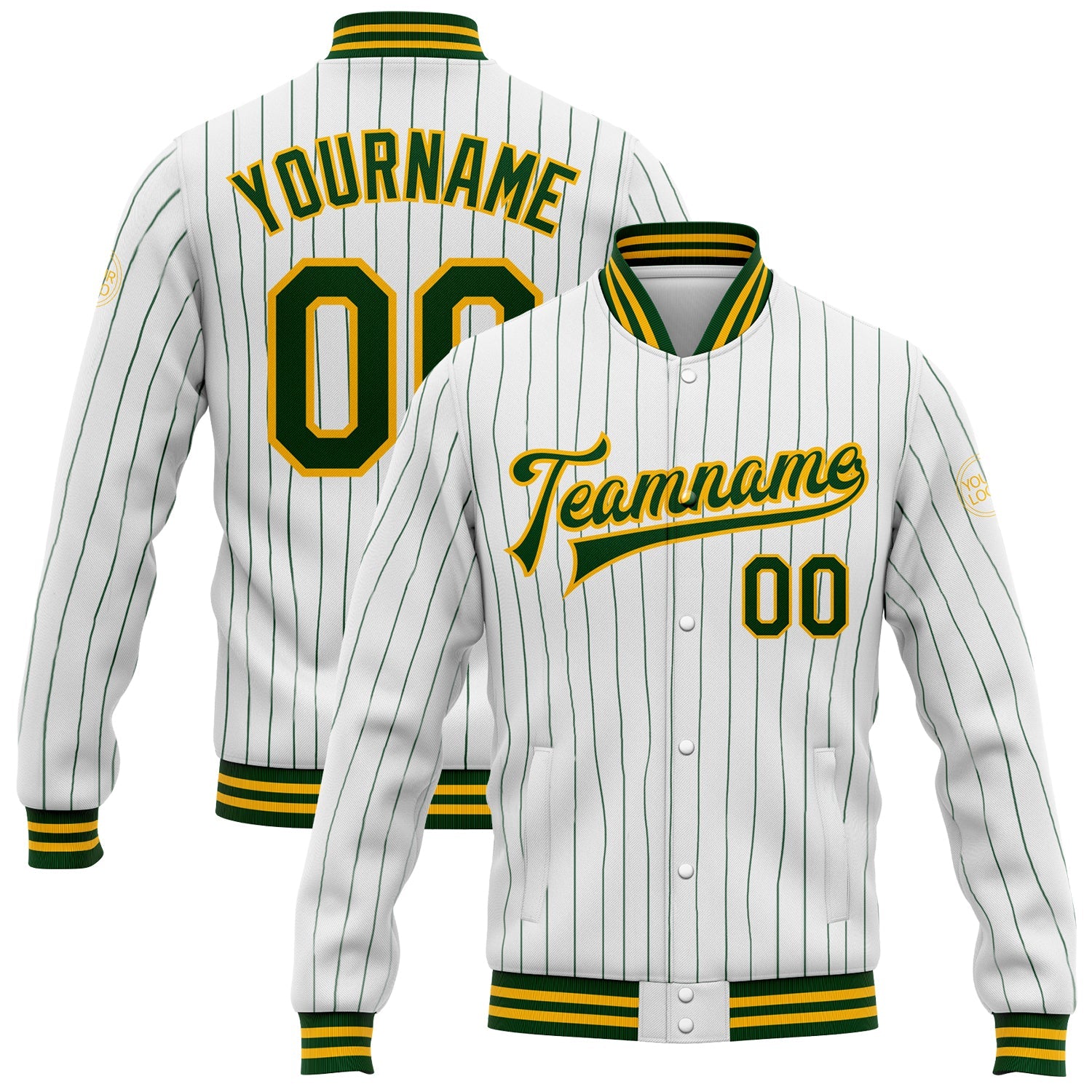 Custom White Green Pinstripe Gold Bomber Full-Snap Varsity Letterman Jacket - Main View
