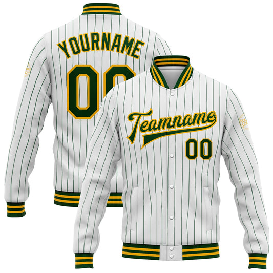 Custom White Green Pinstripe Gold Bomber Full-Snap Varsity Letterman Jacket - Main View