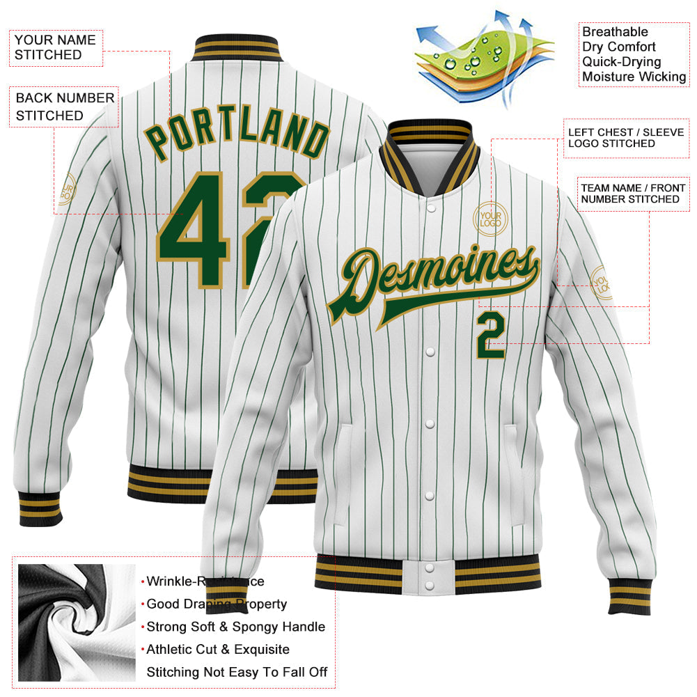 Custom White Green Pinstripe Old Gold-Black Bomber Full-Snap Varsity Letterman Jacket view 5
