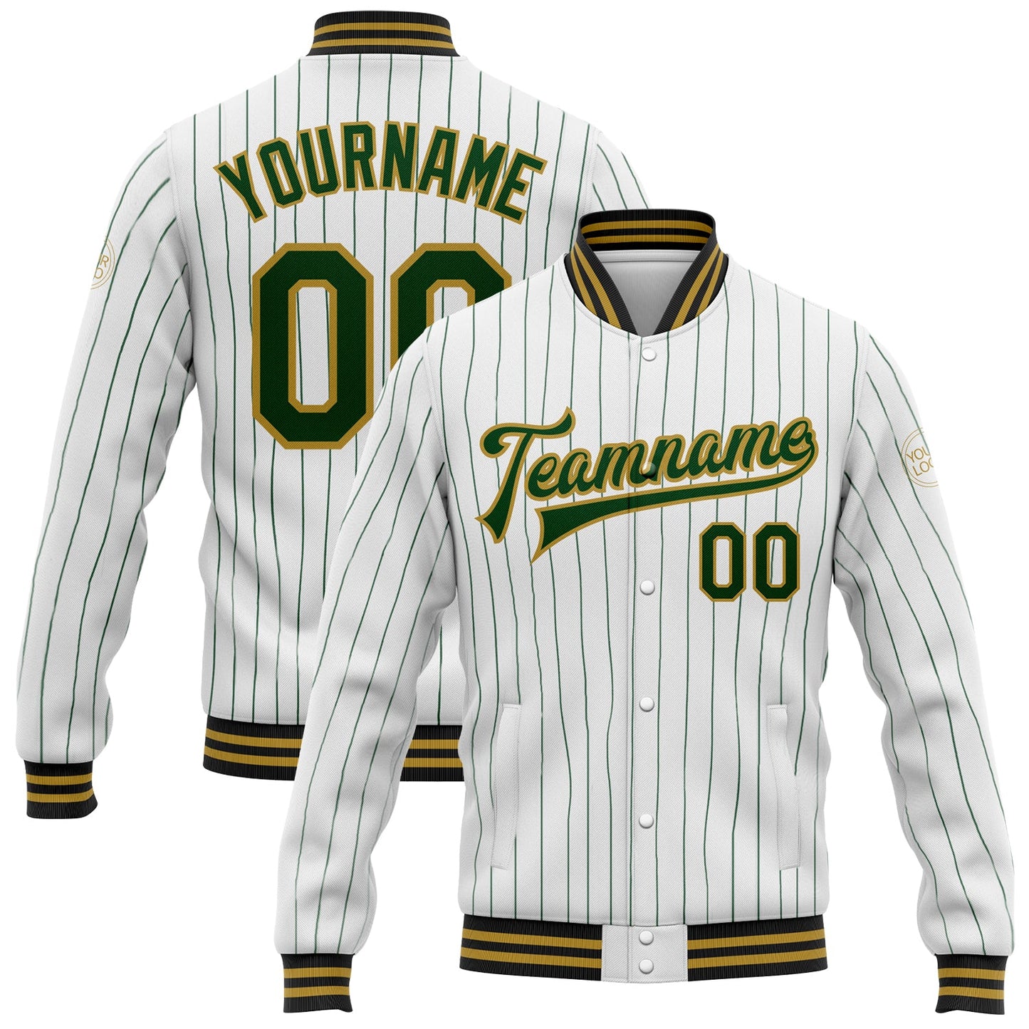 Custom White Green Pinstripe Old Gold-Black Bomber Full-Snap Varsity Letterman Jacket - Main View