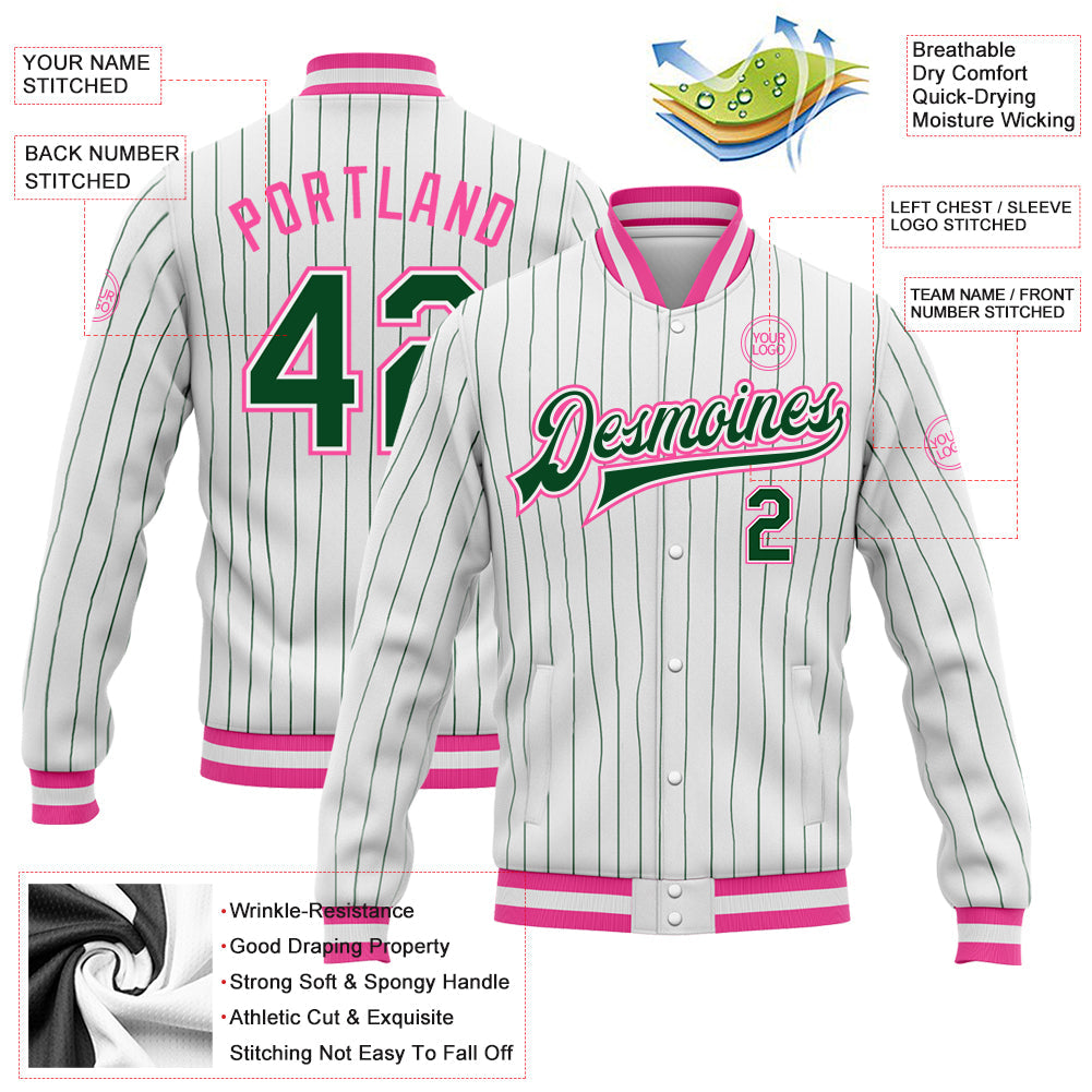 Custom White Green Pinstripe Pink Bomber Full-Snap Varsity Letterman Jacket view 5