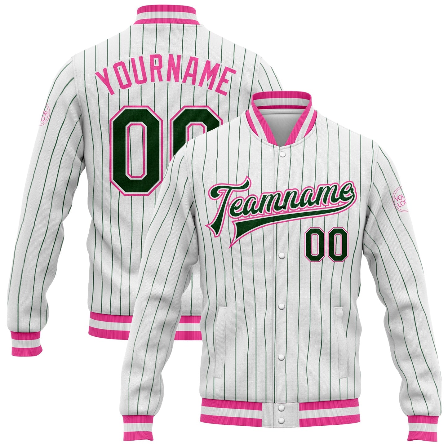 Custom White Green Pinstripe Pink Bomber Full-Snap Varsity Letterman Jacket - Main View