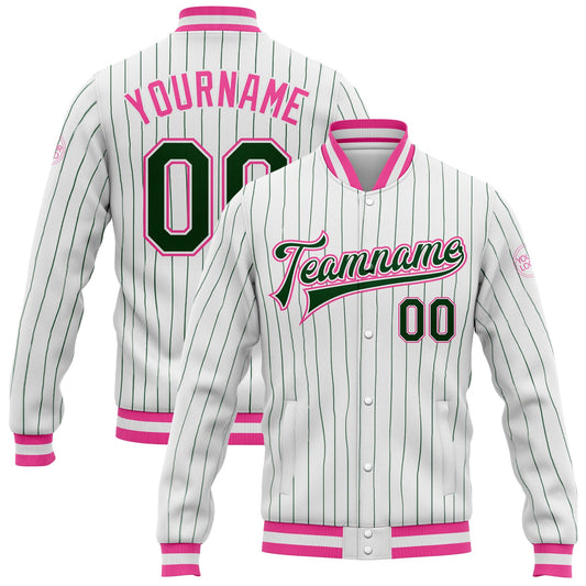 Custom White Green Pinstripe Pink Bomber Full-Snap Varsity Letterman Jacket - Main View
