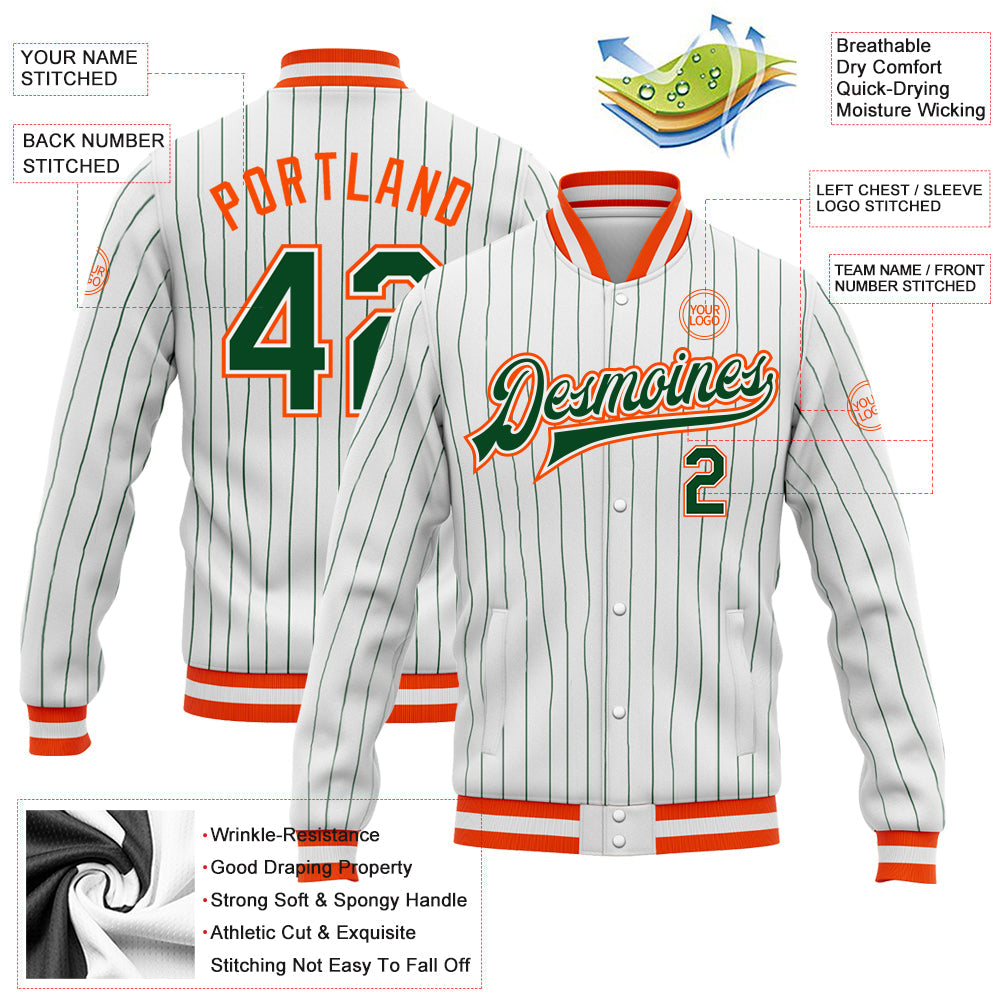 Custom White Green Pinstripe Orange Bomber Full-Snap Varsity Letterman Jacket view 5