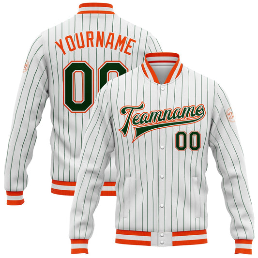 Custom White Green Pinstripe Orange Bomber Full-Snap Varsity Letterman Jacket - Main View