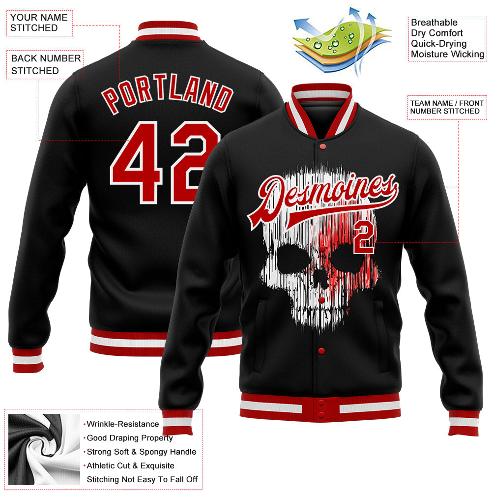 Custom Black Red-White Skull Fashion 3D Bomber Full-Snap Varsity Letterman Jacket view 5