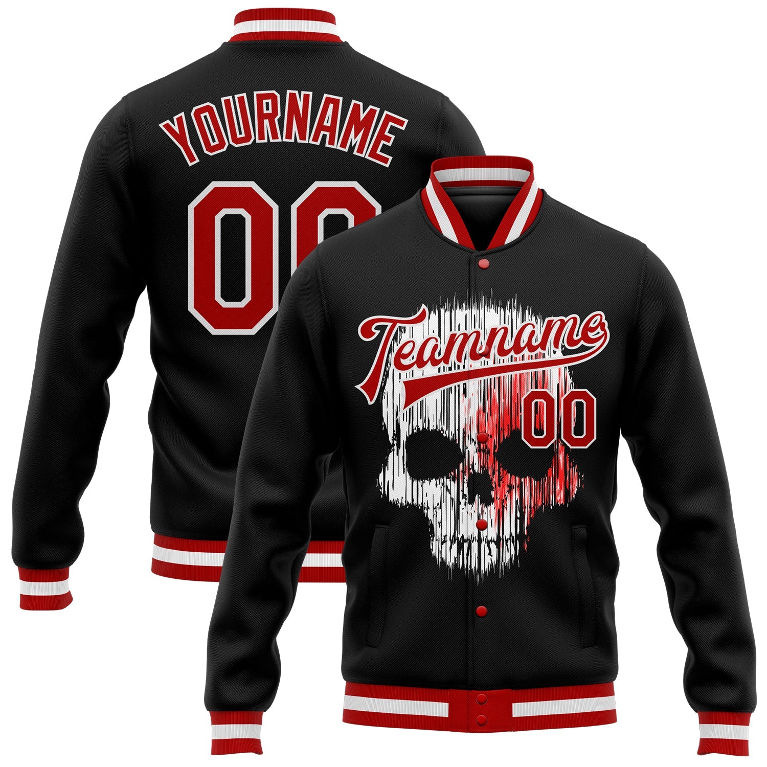 Custom Black Red-White Skull Fashion 3D Bomber Full-Snap Varsity Letterman Jacket - Main View