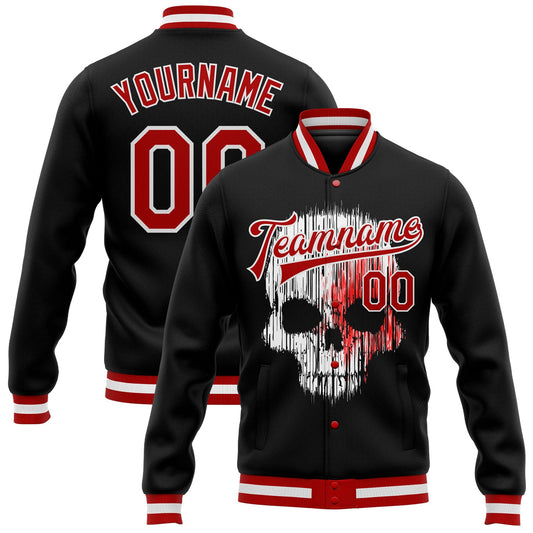 Custom Black Red-White Skull Fashion 3D Bomber Full-Snap Varsity Letterman Jacket - Main View