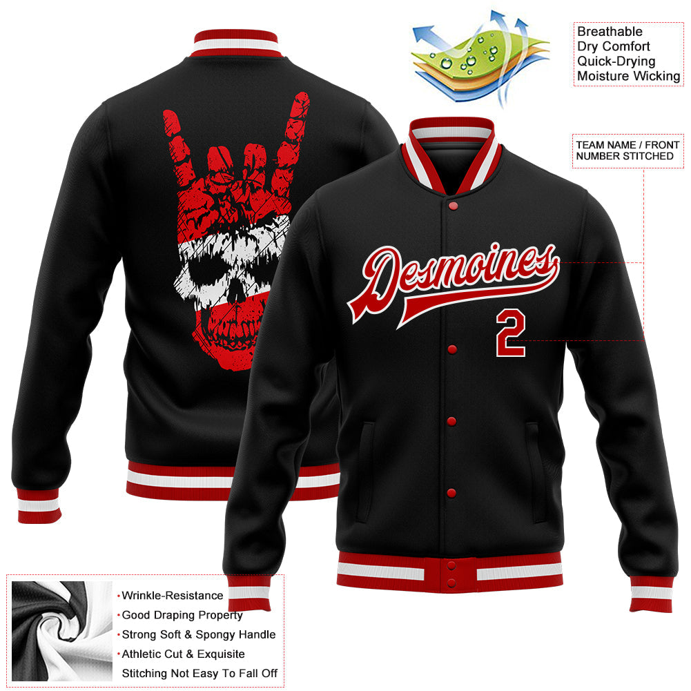 Custom Black Red-White Skull Fashion 3D Bomber Full-Snap Varsity Letterman Jacket view 5