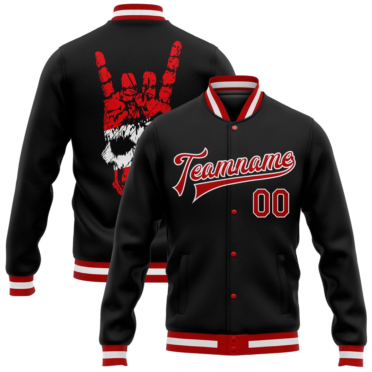 Custom Black Red-White Skull Fashion 3D Bomber Full-Snap Varsity Letterman Jacket - Main View