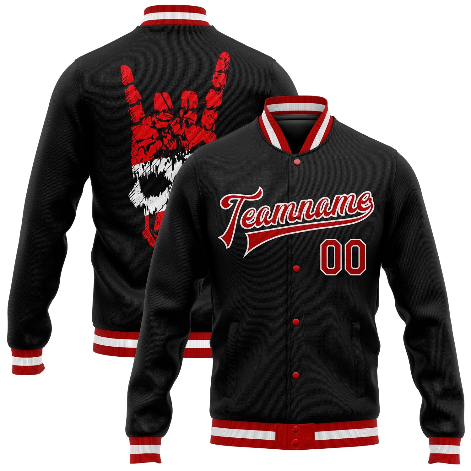 Custom Black Red-White Skull Fashion 3D Bomber Full-Snap Varsity Letterman Jacket - Main View