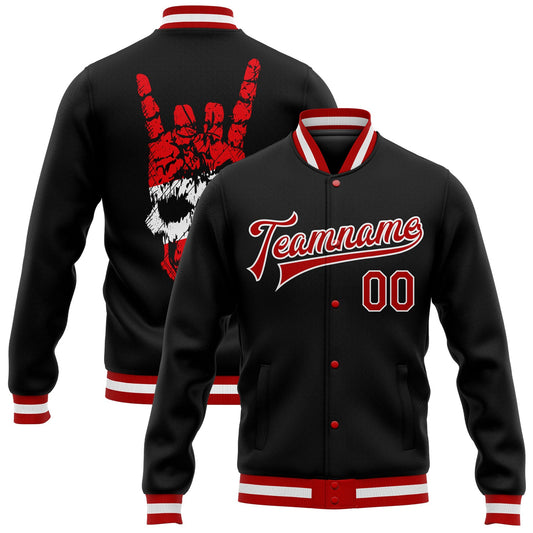 Custom Black Red-White Skull Fashion 3D Bomber Full-Snap Varsity Letterman Jacket - Main View