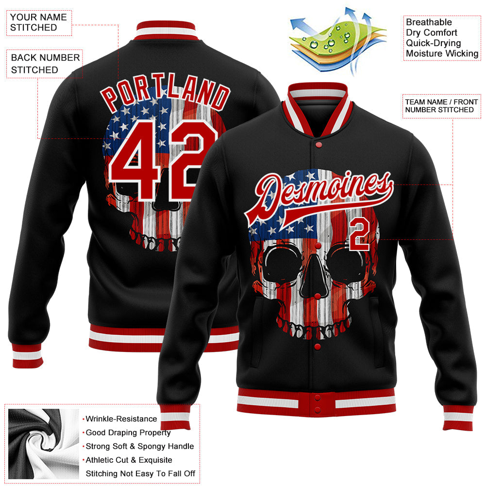 Custom Black Red-White Skull With American Flag 3D Bomber Full-Snap Varsity Letterman Jacket view 5