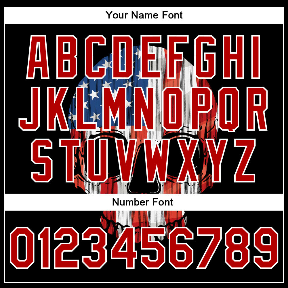 Custom Black Red-White Skull With American Flag 3D Bomber Full-Snap Varsity Letterman Jacket view 7