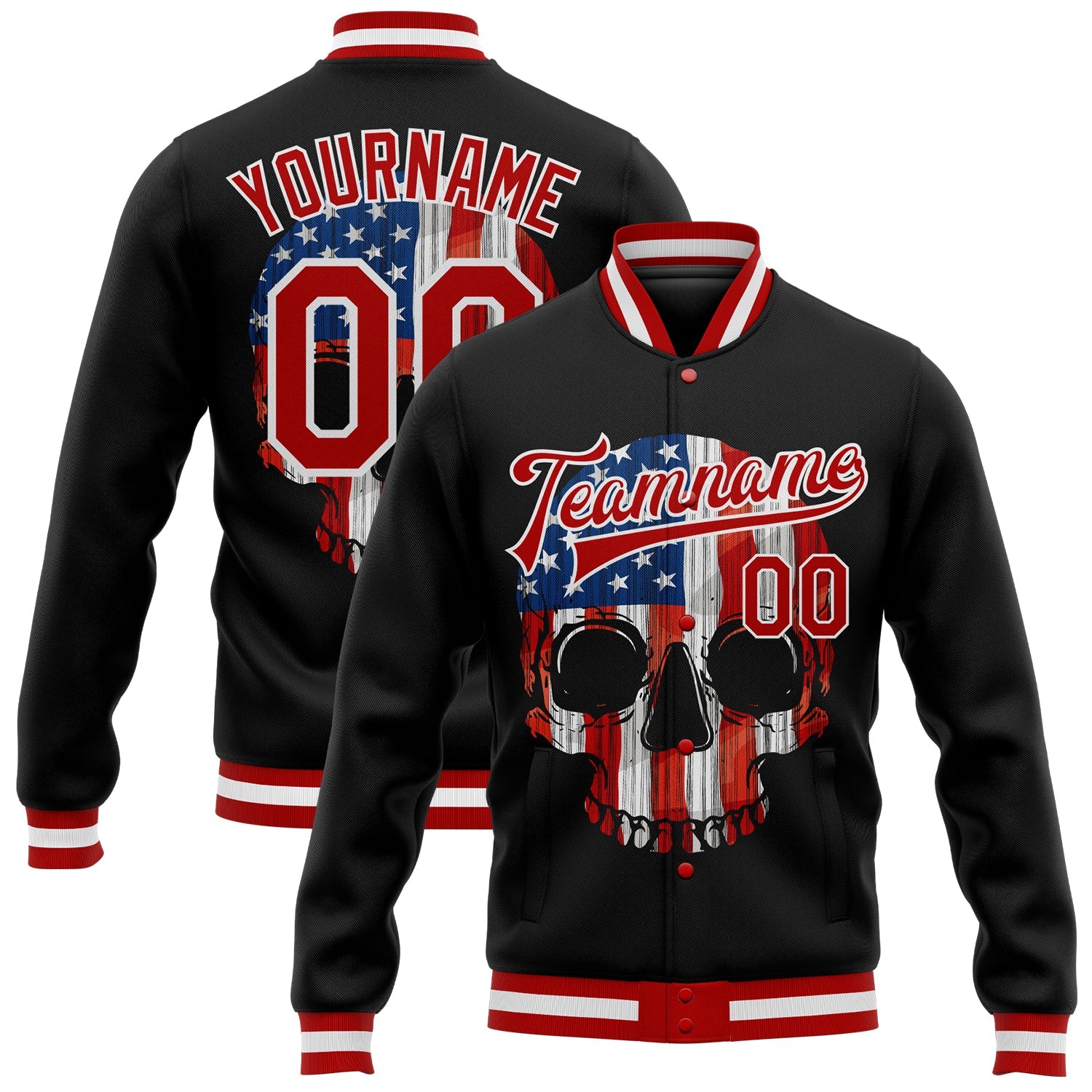 Custom Black Red-White Skull With American Flag 3D Bomber Full-Snap Varsity Letterman Jacket - Main View