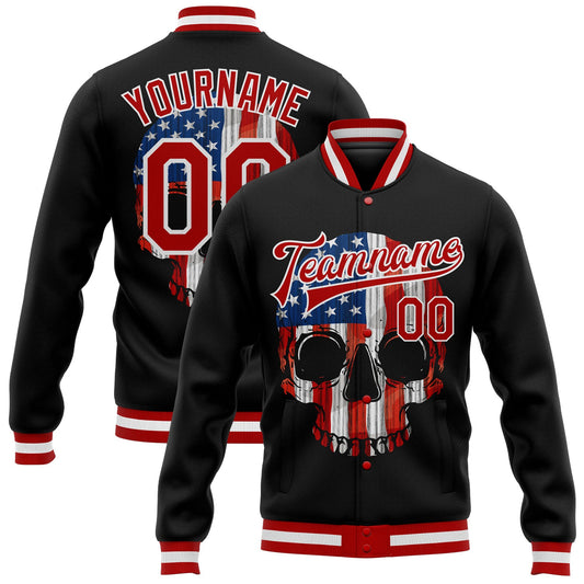 Custom Black Red-White Skull With American Flag 3D Bomber Full-Snap Varsity Letterman Jacket - Main View