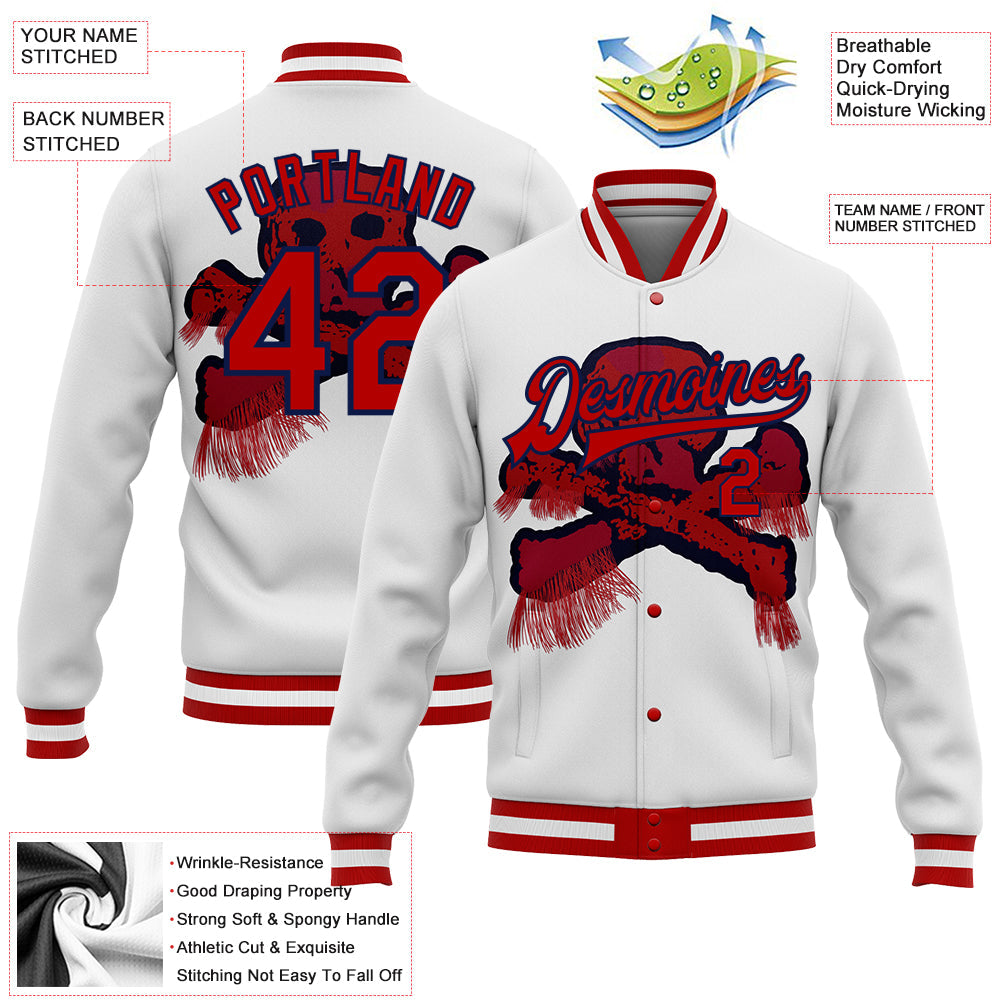 Custom White Red-Navy Skull Fashion 3D Bomber Full-Snap Varsity Letterman Jacket view 5