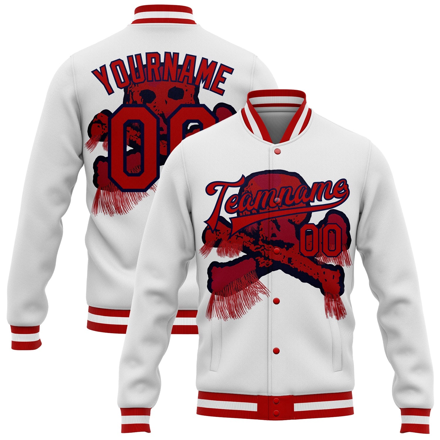 Custom White Red-Navy Skull Fashion 3D Bomber Full-Snap Varsity Letterman Jacket - Main View