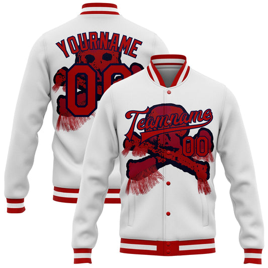 Custom White Red-Navy Skull Fashion 3D Bomber Full-Snap Varsity Letterman Jacket - Main View