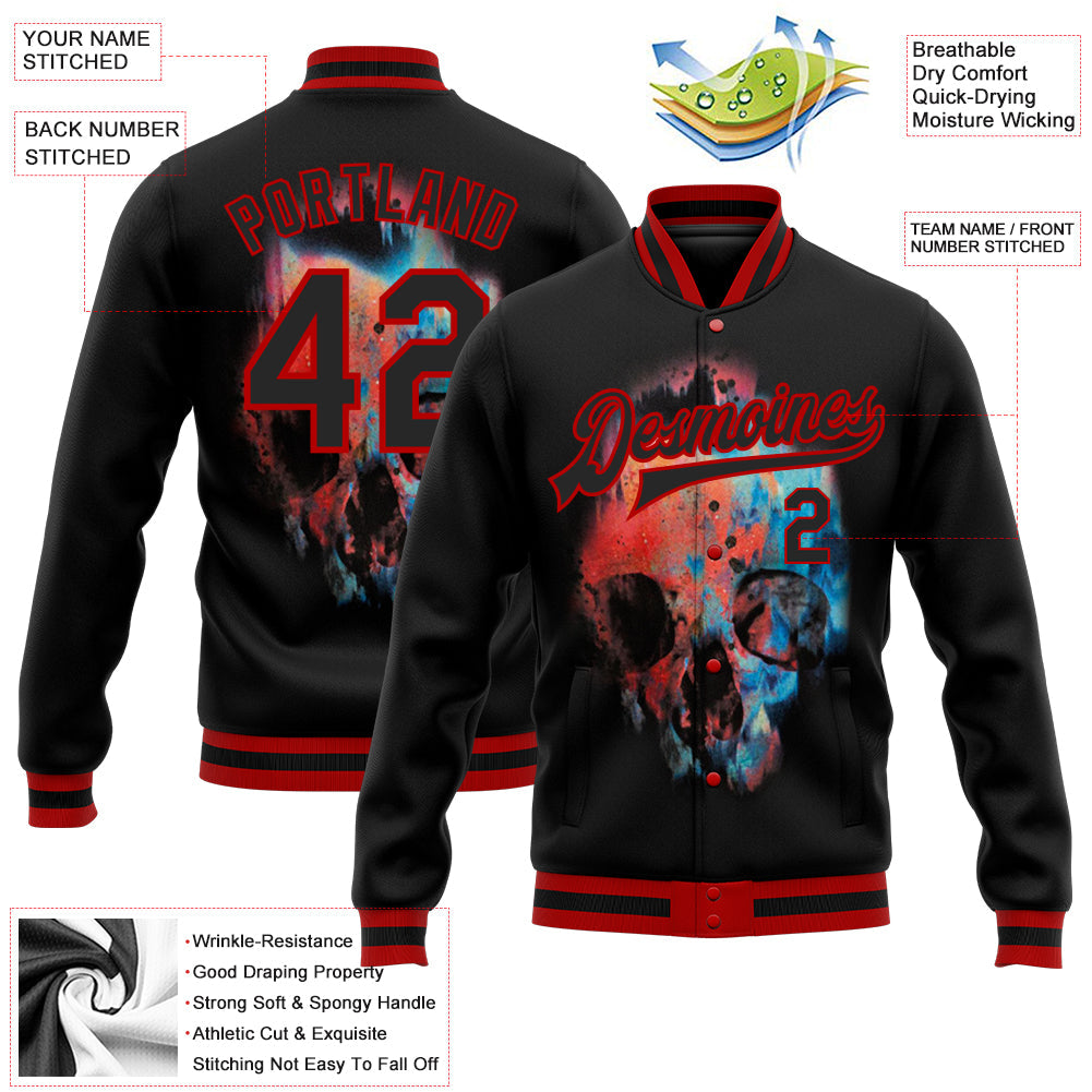 Custom Black Red Skull Fashion 3D Bomber Full-Snap Varsity Letterman Jacket view 5