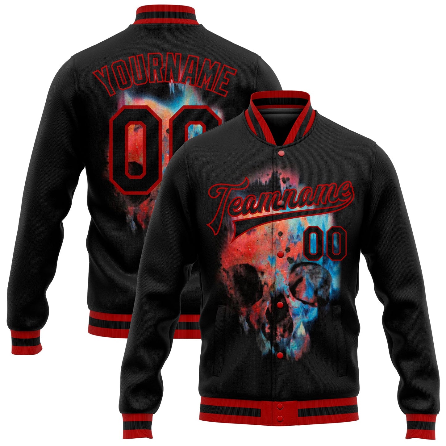 Custom Black Red Skull Fashion 3D Bomber Full-Snap Varsity Letterman Jacket - Main View