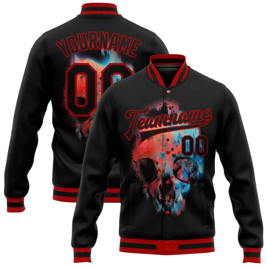 Custom Black Red Skull Fashion 3D Bomber Full-Snap Varsity Letterman Jacket - Main View