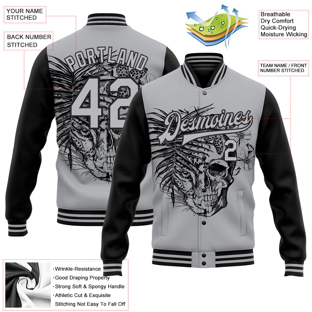 Custom Gray Black Tropical Plant Leopard Skull Fashion 3D Bomber Full-Snap Varsity Letterman Two Tone Jacket view 5