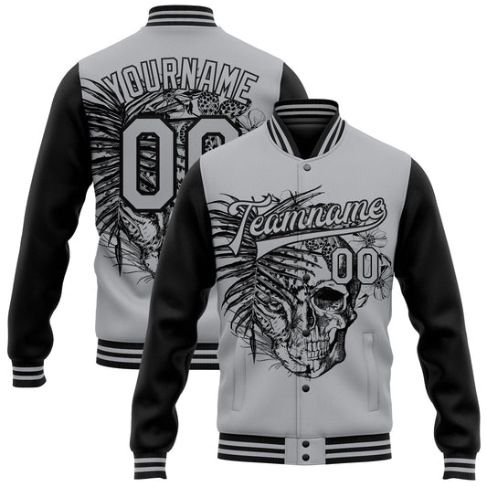 Custom Gray Black Tropical Plant Leopard Skull Fashion 3D Bomber Full-Snap Varsity Letterman Two Tone Jacket - Main View