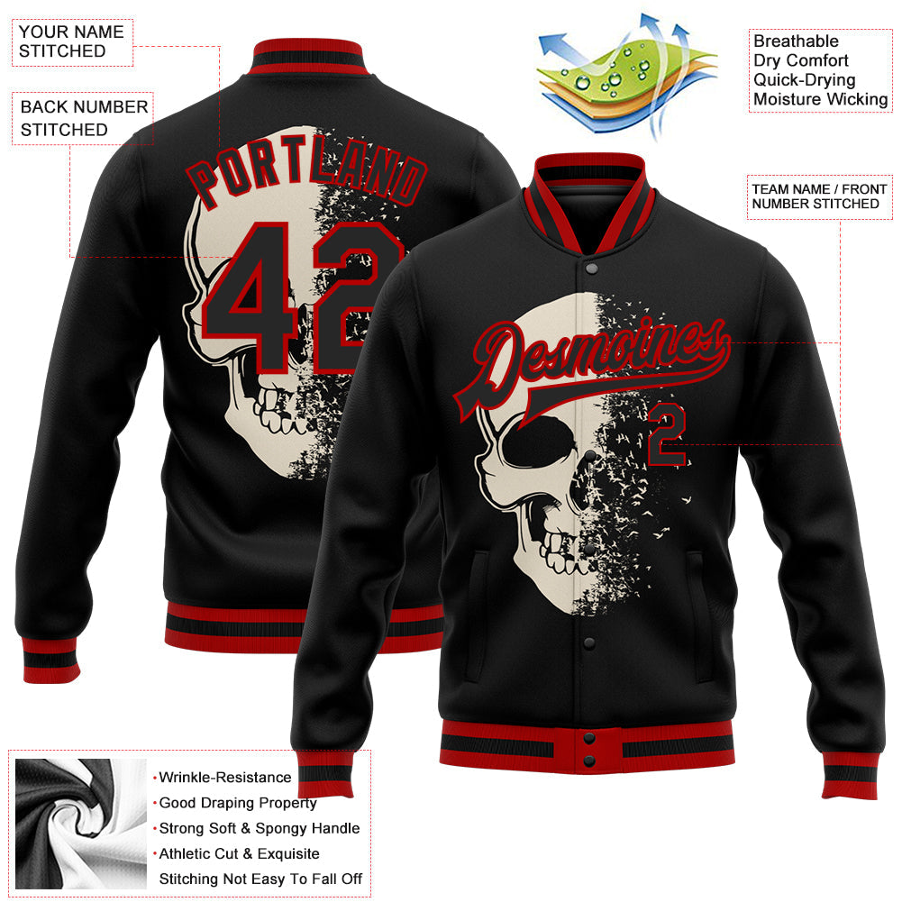Custom Black Red Skull Fashion 3D Bomber Full-Snap Varsity Letterman Jacket view 5