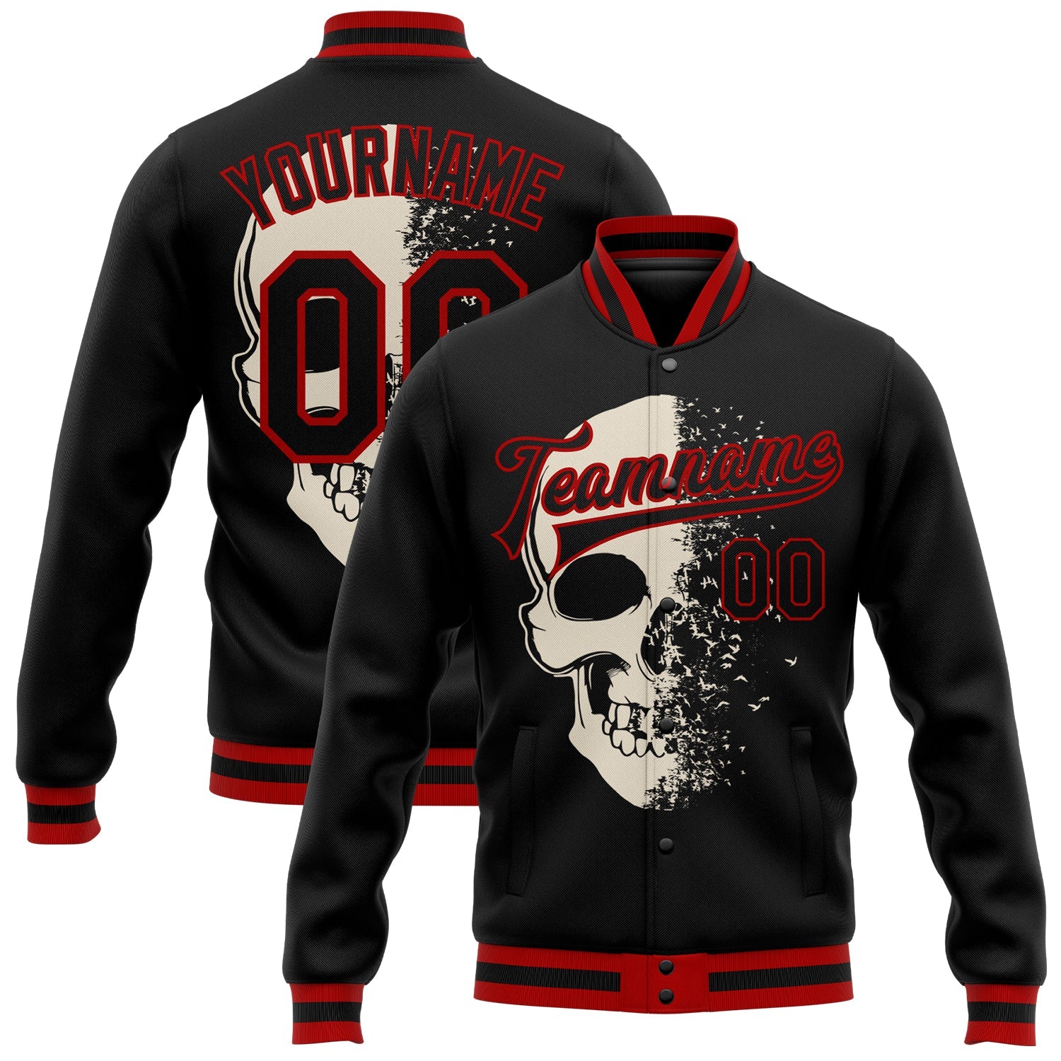Custom Black Red Skull Fashion 3D Bomber Full-Snap Varsity Letterman Jacket - Main View