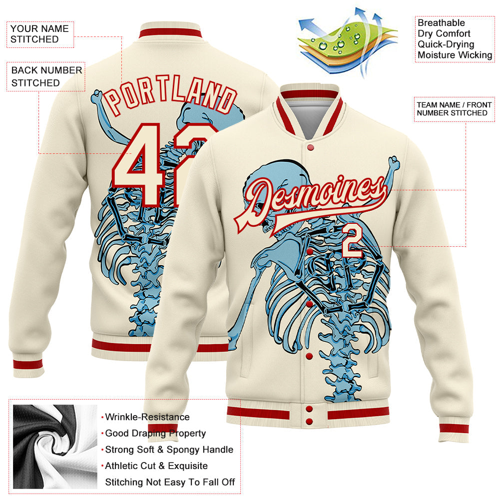 Custom Cream Red Skull Fashion 3D Bomber Full-Snap Varsity Letterman Jacket view 5