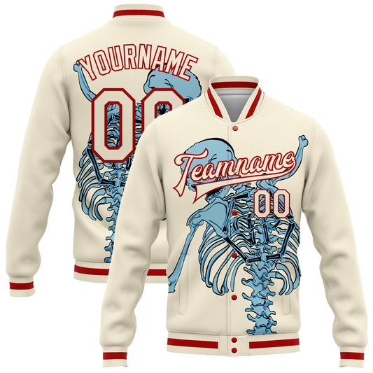 Custom Cream Red Skull Fashion 3D Bomber Full-Snap Varsity Letterman Jacket - Main View