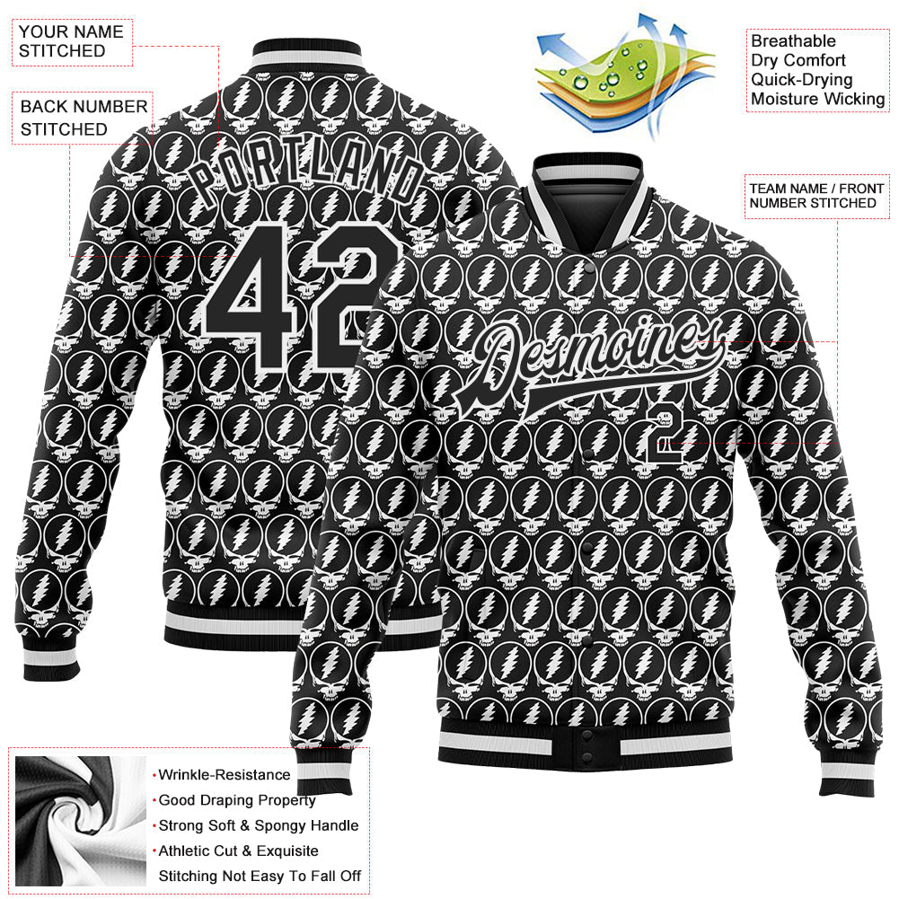 Custom Black White Lightning Skull Fashion 3D Bomber Full-Snap Varsity Letterman Jacket view 5