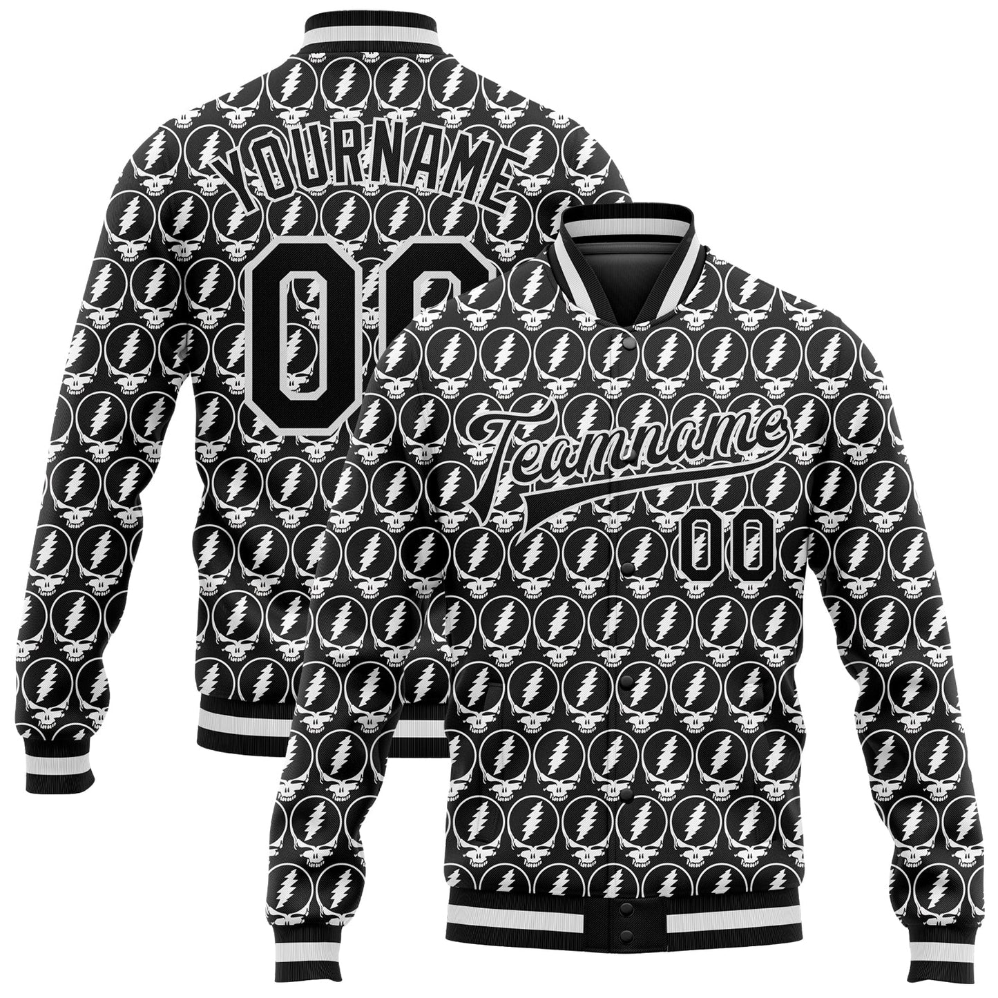 Custom Black White Lightning Skull Fashion 3D Bomber Full-Snap Varsity Letterman Jacket - Main View