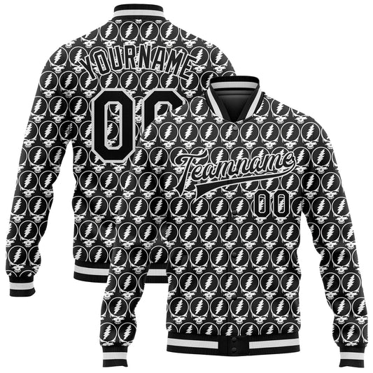 Custom Black White Lightning Skull Fashion 3D Bomber Full-Snap Varsity Letterman Jacket - Main View