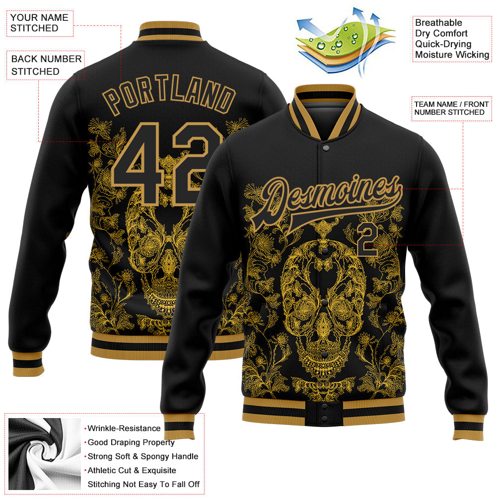 Custom Black Old Gold Skull Fashion 3D Bomber Full-Snap Varsity Letterman Jacket view 5