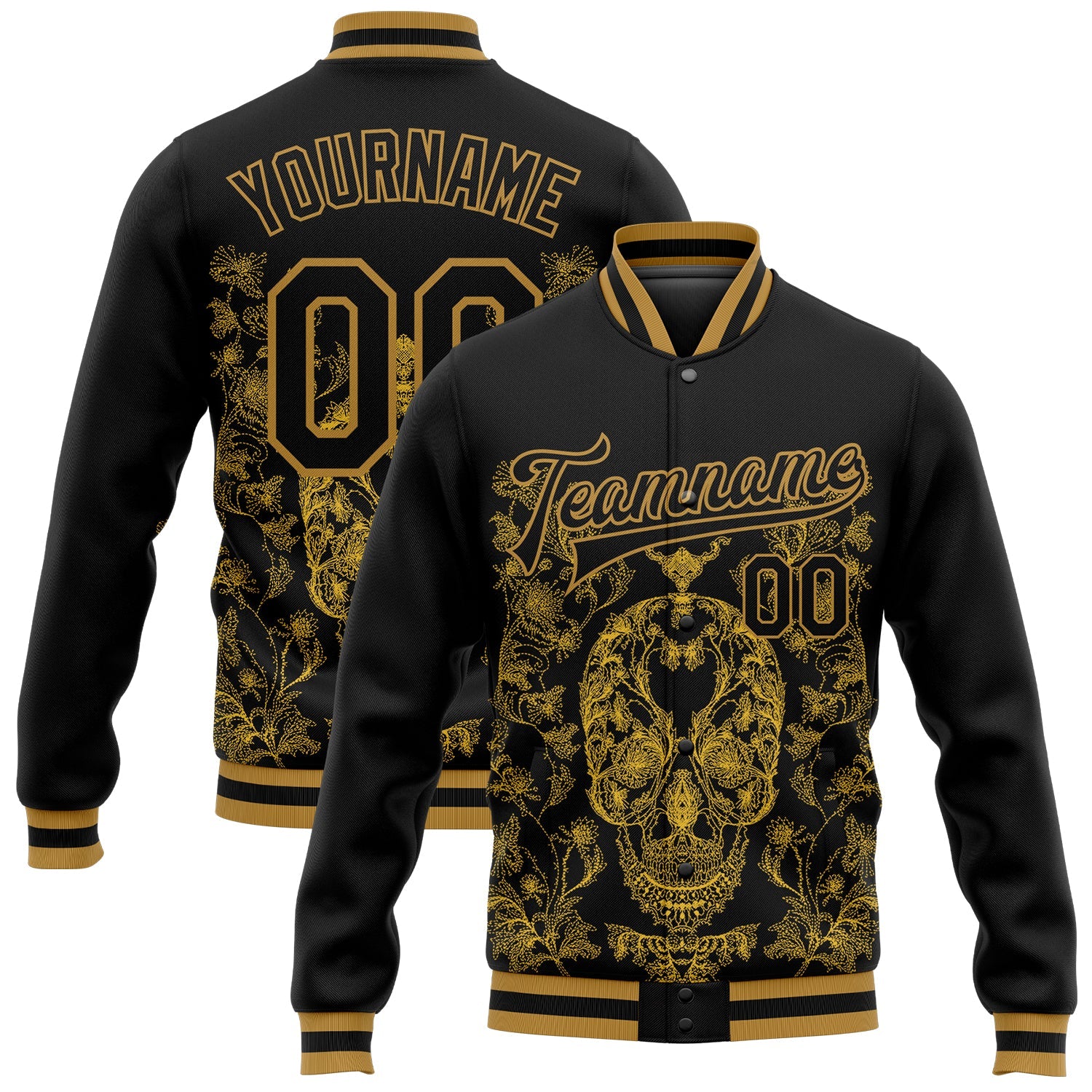 Custom Black Old Gold Skull Fashion 3D Bomber Full-Snap Varsity Letterman Jacket - Main View