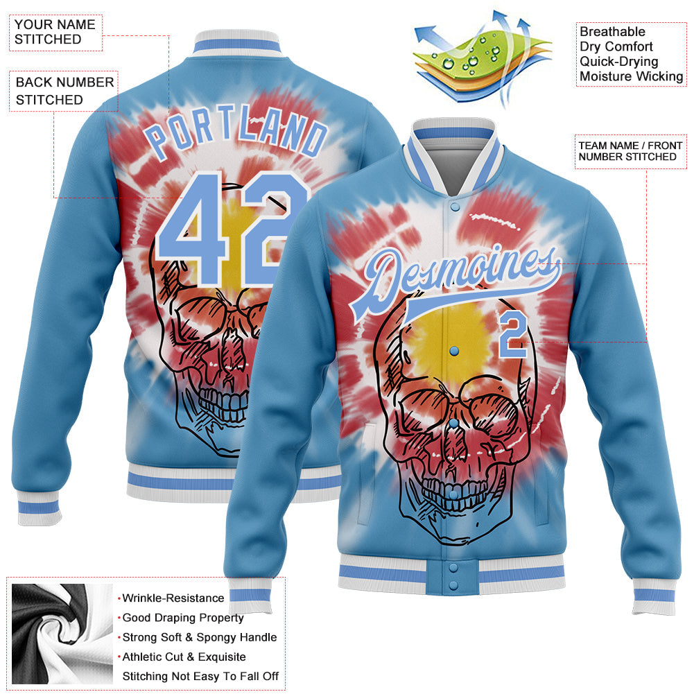 Custom Light Blue White Tie Dye Skull Fashion 3D Bomber Full-Snap Varsity Letterman Jacket view 5