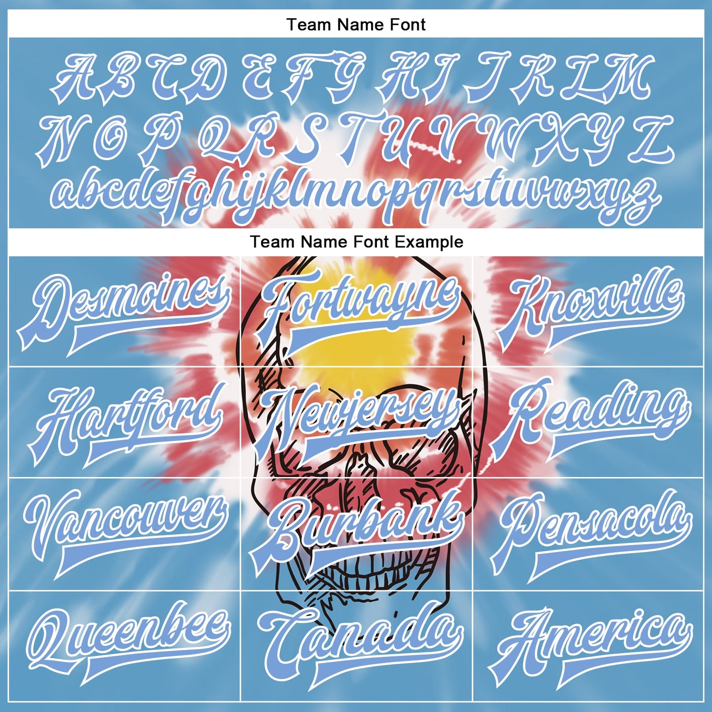 Custom Light Blue White Tie Dye Skull Fashion 3D Bomber Full-Snap Varsity Letterman Jacket view 6