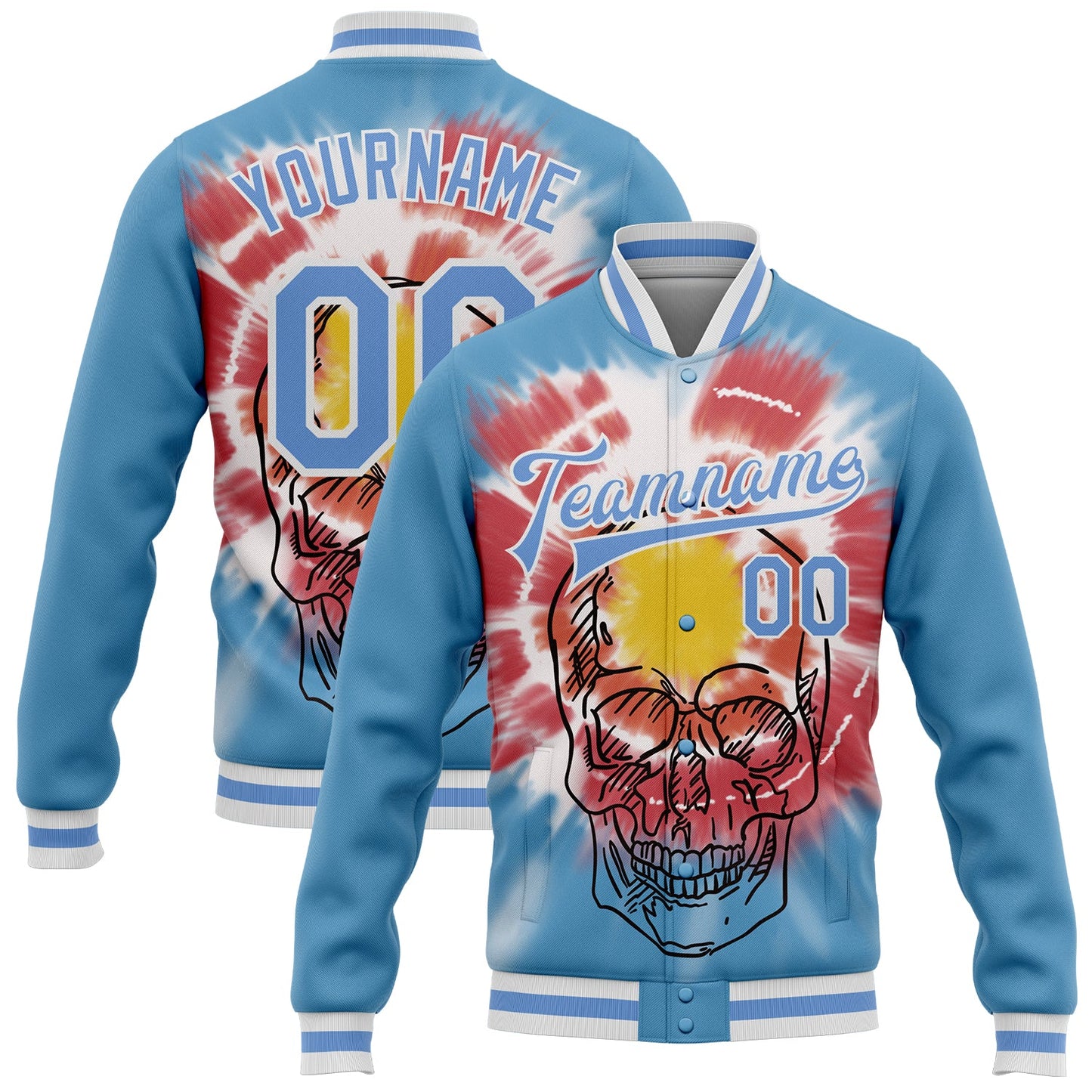 Custom Light Blue White Tie Dye Skull Fashion 3D Bomber Full-Snap Varsity Letterman Jacket - Main View