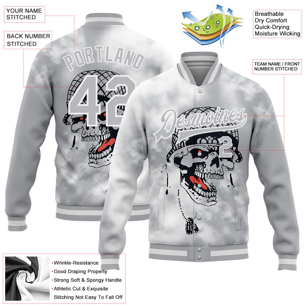 Custom Gray White Skull Fashion 3D Bomber Full-Snap Varsity Letterman Jacket view 4